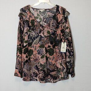 TERRA & SKY Pink/Black Floral Long Sleeve Ruffle Button Blouse Tunic; Size 2X